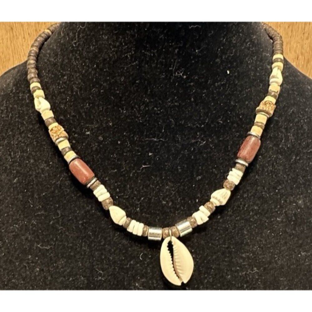 Cowrie Puka Shell Wood Natural  Necklace Barrel Clasp Boho Tropical Vacation